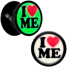 Load image into Gallery viewer, Black Acrylic I Love Me Glow in the Dark Double Flare Plug Set by Onyx O
