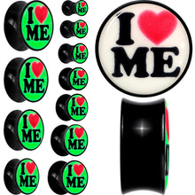 Load image into Gallery viewer, Black Acrylic I Love Me Glow in the Dark Double Flare Plug Set by Onyx O
