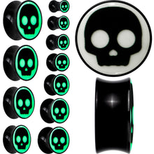 Load image into Gallery viewer, 0G Glow in the Dark Simple Skull Black Acrylic Saddle Plug Set by Onyx O
