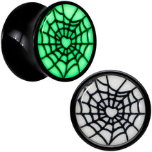 Load image into Gallery viewer, Black Acrylic Heart Spider Web Glow in the Dark Double Flare Plug Set by Onyx O
