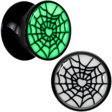 Load image into Gallery viewer, Black Acrylic Heart Spider Web Glow in the Dark Double Flare Plug Set by Onyx O
