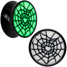 Load image into Gallery viewer, Black Acrylic Heart Spider Web Glow in the Dark Double Flare Plug Set by Onyx O
