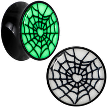 Load image into Gallery viewer, Black Acrylic Heart Spider Web Glow in the Dark Double Flare Plug Set by Onyx O

