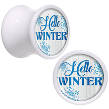 Load image into Gallery viewer, Hello Winter Snowflake White Acrylic Saddle Plug Set Sizes 5mm to 20mm
