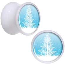 Load image into Gallery viewer, Winter Snow Covered Tree White Acrylic Saddle Plug Set Sizes 5mm to 20mm
