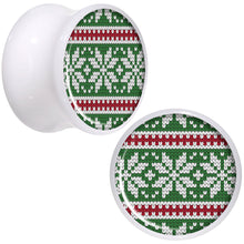 Load image into Gallery viewer, Green Red Christmas Sweater White Acrylic Saddle Plug Set Sizes 5mm to 20mm
