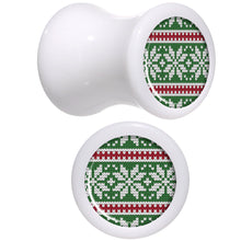 Load image into Gallery viewer, Green Red Christmas Sweater White Acrylic Saddle Plug Set Sizes 5mm to 20mm
