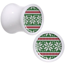 Load image into Gallery viewer, Green Red Christmas Sweater White Acrylic Saddle Plug Set Sizes 5mm to 20mm
