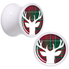 Load image into Gallery viewer, Red Green Plaid Reindeer White Acrylic Saddle Plug Set Sizes 5mm to 20mm
