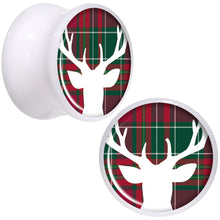 Load image into Gallery viewer, Red Green Plaid Reindeer White Acrylic Saddle Plug Set Sizes 5mm to 20mm
