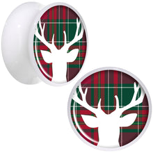 Load image into Gallery viewer, Red Green Plaid Reindeer White Acrylic Saddle Plug Set Sizes 5mm to 20mm
