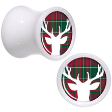Load image into Gallery viewer, Red Green Plaid Reindeer White Acrylic Saddle Plug Set Sizes 5mm to 20mm
