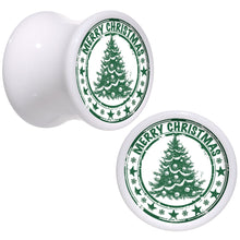 Load image into Gallery viewer, Merry Christmas Tree White Acrylic Saddle Plug Set Sizes 5mm to 20mm
