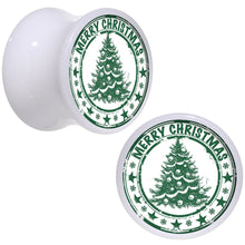 Load image into Gallery viewer, Merry Christmas Tree White Acrylic Saddle Plug Set Sizes 5mm to 20mm
