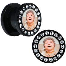 Load image into Gallery viewer, Black Acrylic Custom Photo Gem Screw Fit Plug - buy 2 for a pair
