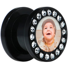 Load image into Gallery viewer, Black Acrylic Custom Photo Gem Screw Fit Plug - buy 2 for a pair
