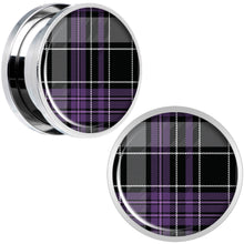 Load image into Gallery viewer, Winter Purple Black Plaid Screw Fit Plug Set Sizes 5mm to 20mm
