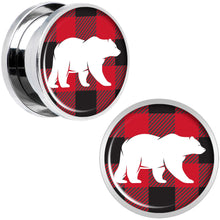 Load image into Gallery viewer, Red Black Plaid Polar Bear Screw Fit Plug Set Sizes 5mm to 20mm

