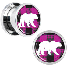 Load image into Gallery viewer, Pink Black Plaid Polar Bear Screw Fit Plug Set Sizes 5mm to 20mm
