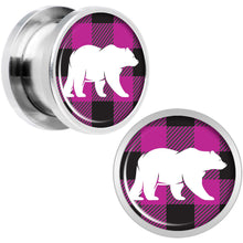 Load image into Gallery viewer, Pink Black Plaid Polar Bear Screw Fit Plug Set Sizes 5mm to 20mm
