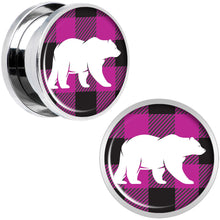 Load image into Gallery viewer, Pink Black Plaid Polar Bear Screw Fit Plug Set Sizes 5mm to 20mm
