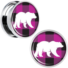 Load image into Gallery viewer, Pink Black Plaid Polar Bear Screw Fit Plug Set Sizes 5mm to 20mm
