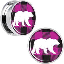 Load image into Gallery viewer, Pink Black Plaid Polar Bear Screw Fit Plug Set Sizes 5mm to 20mm

