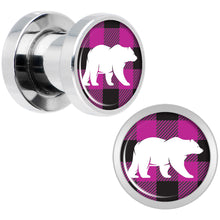 Load image into Gallery viewer, Pink Black Plaid Polar Bear Screw Fit Plug Set Sizes 5mm to 20mm
