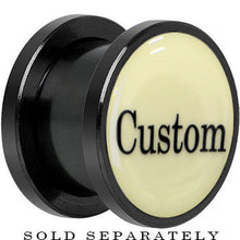Load image into Gallery viewer, Custom Personalized Glow in the Dark Screw Fit Plug in Anodized Black Titanium - buy 2 for a pair

