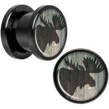 Load image into Gallery viewer, Holiday Rustic Wood Moose Black Screw Fit Plug Set Sizes 5mm to 20mm
