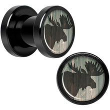 Load image into Gallery viewer, Holiday Rustic Wood Moose Black Screw Fit Plug Set Sizes 5mm to 20mm
