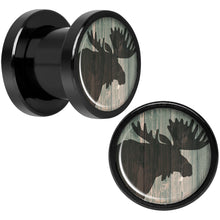 Load image into Gallery viewer, Holiday Rustic Wood Moose Black Screw Fit Plug Set Sizes 5mm to 20mm
