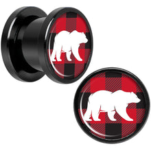 Load image into Gallery viewer, Red Black Plaid Polar Bear Black Screw Fit Plug Set Sizes 5mm to 20mm
