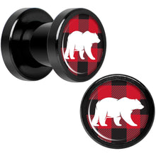 Load image into Gallery viewer, Red Black Plaid Polar Bear Black Screw Fit Plug Set Sizes 5mm to 20mm

