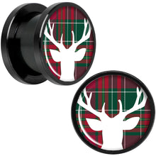 Load image into Gallery viewer, Red Green Plaid Reindeer Black Screw Fit Plug Set Sizes 5mm to 20mm
