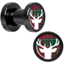 Load image into Gallery viewer, Red Green Plaid Reindeer Black Screw Fit Plug Set Sizes 5mm to 20mm
