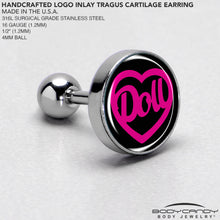 Load image into Gallery viewer, 16G 1/4 Hollow Heart Doll Word Tragus Cartilage Earring by Onyx O
