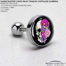 Load image into Gallery viewer, 16G 1/4 Floral Flowers Skull Cartilage Tragus Earring by Onyx O
