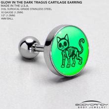 Load image into Gallery viewer, 16G 1/4 Glow in the Dark Skeleton Kitty Cat Tragus Cartilage Earring by Onyx O
