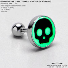 Load image into Gallery viewer, 16G 1/4 Glow in the Dark Simple Skull Tragus Cartilage Earring by Onyx O
