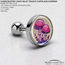 Load image into Gallery viewer, 16G 1/4 Artist Drawn Pink Mushrooms Tragus Cartilage Earring by Onyx O

