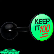 Load image into Gallery viewer, Glow in the Dark Black Anodized Keep it 100 Barbell Tongue Ring by Onyx O
