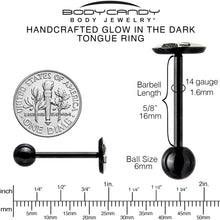 Load image into Gallery viewer, Glow in the Dark Black Anodized Leaf Me Alone Barbell Tongue Ring by Onyx O
