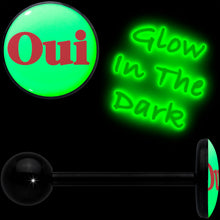 Load image into Gallery viewer, Glow in the Dark Black Anodized OUI Barbell Tongue Ring by Onyx O
