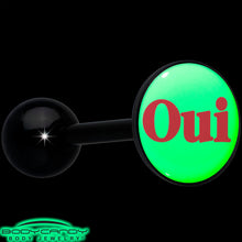 Load image into Gallery viewer, Glow in the Dark Black Anodized OUI Barbell Tongue Ring by Onyx O
