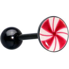 Load image into Gallery viewer, Glow in the Dark Black Anodized Holiday Peppermint Candy Barbell Tongue Ring by Onyx O
