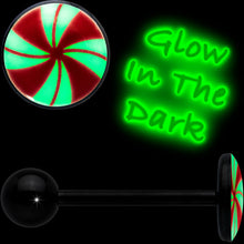 Load image into Gallery viewer, Glow in the Dark Black Anodized Holiday Peppermint Candy Barbell Tongue Ring by Onyx O
