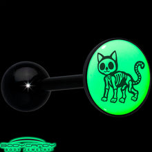 Load image into Gallery viewer, Glow in the Dark Black Anodized Skeleton Kitty Cat Barbell Tongue Ring by Onyx O
