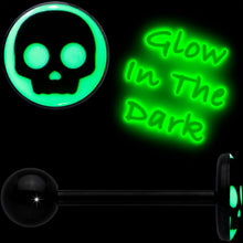 Load image into Gallery viewer, Glow in the Dark Black Anodized Simple Skull Barbell Tongue Ring by Onyx O

