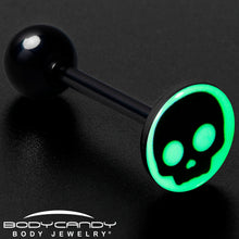 Load image into Gallery viewer, Glow in the Dark Black Anodized Simple Skull Barbell Tongue Ring by Onyx O

